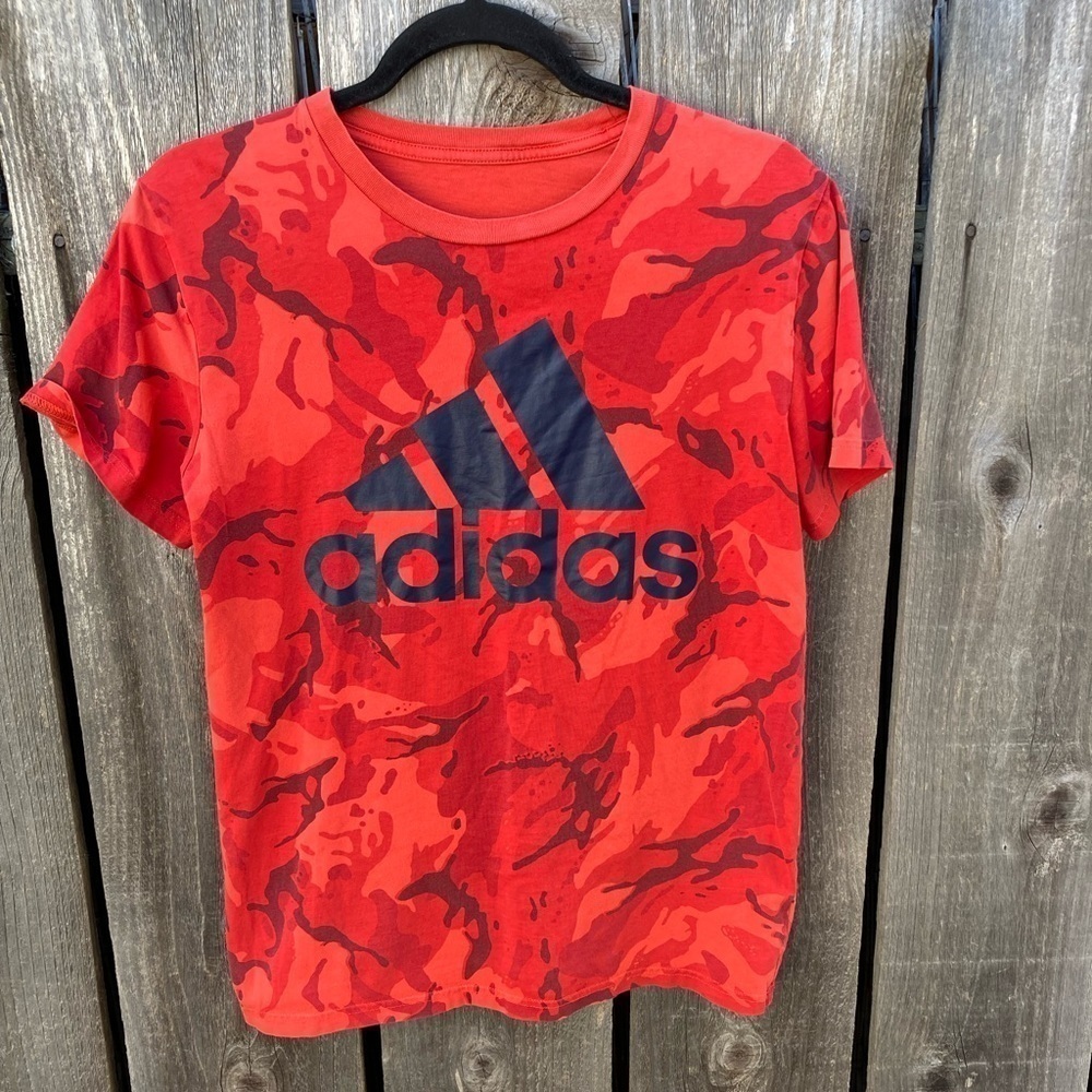 Youth Adidas Red Camo 3 Stripe Logo T-Shirt NO SIZE Cotton Streetwear Soccer‎